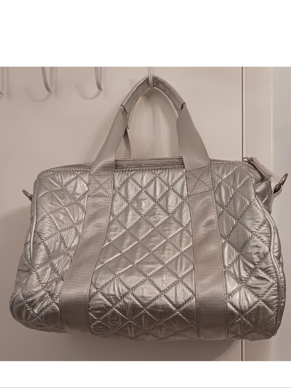 Quilted Metallic Silver Weekender Bag